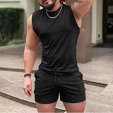 Wiaofellas  -  Summer 2 Piece Suit Man Casual Sleeveless Tank Top + Sports Shorts Solid Thread Print Fitness Tracksuit For Man Cothing