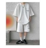 WIAOFELLAS  -  Fashion Men's Suit Solid Color Letter Print O-neck T-shirt Trendy Drawstring High-waisted Shorts Set Male Summer