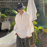 WIAOFELLAS  -  Fashion Men's Solid Color Pleated Drawing Design Casual Shirt Trendy Loose Lapel Long Sleeves Blouse Male Summer