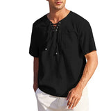 WIAOFELLAS  -  New Men's Short Sleeved Shirt Fashion Casual Lace Up Square Neck Solid Color Short Sleeved Shirt