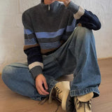 WIAOFELLAS  -  Fall Winter New Casual Knit Polo Sweaters Men Vintage Striped Crochet Knitting Jumper Tops Mens Trendy Long Sleeve Slim Sweater