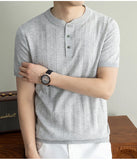 Wiaofellas  -  Brand Laisel Linen Knitted T-shirt Men's Short Sleeved Slim Casual Business Polo Shirts Round Neck Social Versatile Base T-shirt