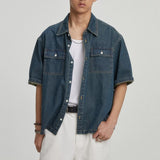 WIAOFELLAS  -  American Style Men's Denim Shirts Lapel Pocket Solid Color Short Sleeve Loose Tops Single Breasted Male Shirt Chic