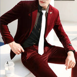 Wiaofellas  -  Business Suits For Men Slim Fit Groom Tuxedo Wedding Prom 2 Pcs Male Fashion Suit Burgundy Velvet Jacket With Pants