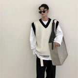 Wiaofellas  -  Korean Sweater Vest Men's Fashion Knitwear Solid Color Casual V-neck Knitted Pullover Men Loose Knitting Sweaters Clothes B282