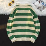 WIAOFELLAS  -  Retro POLO Lapel Striped Sweater Men's College Contrasting Color Loose and Versatile