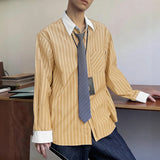 WIAOFELLAS  -  Men Shirt Striped Patchwork Lapel Long Sleeve Pockets Men Clothing Streetwear Loose Fashion Casual Tops Male Shirts