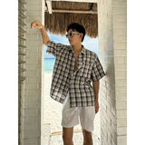 Wiaofellas  -  New Lazy - style Plaid Loose Short - sleeve Shirt for Men, Casual Beach Vacation Linen - like Breathable Top