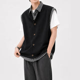 Wiaofellas  -  American Plaid Knitted Shirt Summer Short Sleeve Fake Two-Piece Design Korean Casual Top for Teenagers in Daily Wear