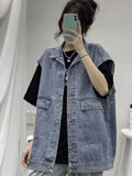 Wiaofellas  -  Retro Washed Denim Vest Jacket Loose Unisex Sleeveless Autumn Versatile Couple's Shoulder Pad Jacket Youth Casual Style