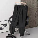 Wiaofellas  -  Men Pleated Dress Pants with Belt Business Casual Non-Iron Straight Trousers Male Solid Color Ankle Length Office Work Pants
