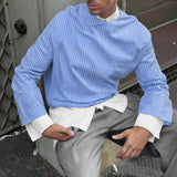 WIAOFELLAS  -  Men Striped Shirt O-neck Long Sleeve Loose Lace Up Casual Men Clothing Streetwear Fashion Tops Leisure Camisas S-3XL