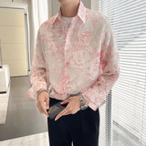 WIAOFELLAS  -  Hollow See-through Elegant Flower Jacquard Men Shirt Sexy Button Down Long Sleeve Mens Floral Shirts Club Loose Pink Blouse Man