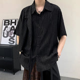 WIAOFELLAS  -  Short Sleeved Men's Shirts Casual Solid Color Hollow Out Jacquard Lace-up Loose Single Breasted Male Tops Trendy