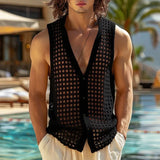 WIAOFELLAS  -  Men Tank Tops Mesh Hollow Out Solid Button Male Vests See Through Streetwear Summer 2025 Sleeveless V Neck Men Clothing