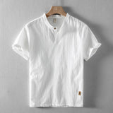 Wiaofellas  -  Summer New Men's Short Sleeve Shirt Small Stand Collar Retro Casual Loose Half Sleeve Shirt Trendy Polyester Fiber Iron Free