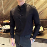 WIAOFELLAS  -  Luxury Long Sleeved Striped Men's Dress Shirt Stylish Business Stand Collar Slim Men Shirts Party Social Formal Mens Clothing