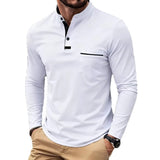 Wiaofellas  -  Men Stand Collar Henry Long Sleeve Polo Shirt Soft Fabric Pocket Casual Spring Daily Tops