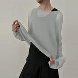 WIAOFELLAS  -  Men T Shirt Solid Color Knitted O-neck Long Sleeve Loose Male Tee Tops See Through Sexy Fashion Casual Men Clothing