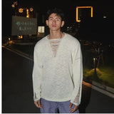 WIAOFELLAS  -  Spring and Autumn Hollow Sweater Men's Solid Color Deep V Lazy Style Pullover Sweater Thin Destructive Design Top