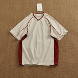 WIAOFELLAS  -  Athleisure style V-neck short-sleeved T-shirt male couple pure cotton color splicing summer fashion half sleeve base T