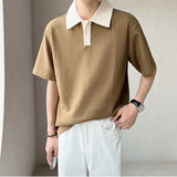 Wiaofellas  -  Summer Button Breathable Short Sleeve Waffle Elasticity Turn-down Loose T-Shirt Patchwork Korean Business POLO Oversize Shirt