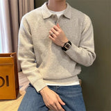 WIAOFELLAS  -  Korean New Men's Polo Neck Sweater Luxury Knitted Long Sleeve Pullover Autumn Casual Solid Color Streetwear Leisure Knitwear Top