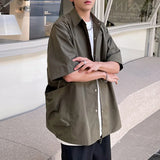 WIAOFELLAS  -  Three-dimensional Pocket Design Men's Shirts Solid Color Single Breasted Turn-down Collar Short Sleeve Male Tops