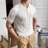 WIAOFELLAS  -  Casual Men's Slim Elastic Knitted Polo Shirt 2024 Spring Summer Short Sleeve Lapel Button Knit Tops Men Clothes Fashion Pullover