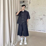 Wiaofellas  -  Simple Summer Loose Men's Denim Suits Casual Lapel Short Sleeve Top Straigth Wide Leg Male Shorts New Strend