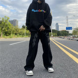 Wiaofellas  -  High Street Jeans Patch Letter Print Jeans Straight Leg Jeans Men's American Jeans Street Loose Wide Leg Pants