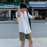 Wiaofellas  -  Men's Summer Cuban Collar Short Sleeve Shirt - Loose Fit Korean Style Casual Beach Resort Button Down Top