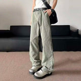 WIAOFELLAS  -  Simple Men's Casual Trousers Solid Color Washing Splicing Bottom Button Design Straight Wide Leg Loose Male Pants