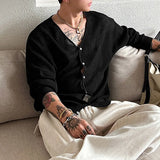 WIAOFELLAS  -  Men Cardigan Solid Knitted V Neck Long Sleeve Men Sweaters Streetwear Loose Korean Style Fashion Casual Men Clothing