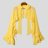 Wiaofellas  -  Men Shirt Solid Color Chiffon See Through Ruffle Irregular Shirts Men Cardigan Streetwear Sexy Fashion Party Camisa