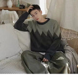 WIAOFELLAS  -  New Men's Thickened Printed Round Neck Pullover Sweater Autumn and Winter Casual Loose Color-blocking Sweater Lazy Style Top