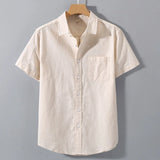 Wiaofellas  -  Men's High-Quality Linen Shirts Summer Solid Color Short Sleeve Casual Shirt Single Breasted Basic Pocket Top For Men