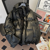 Wiaofellas  -  Men's Winter Thiened PU Leather Cotton Jacket Loose Fit Stand Collar American Retro Style Warm Outerwear Coat for Teens