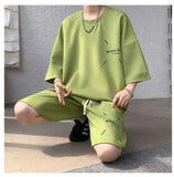 WIAOFELLAS  -  Fashion Men's Suit Solid Color Letter Print O-neck T-shirt Trendy Drawstring High-waisted Shorts Set Male Summer