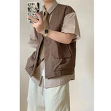 Wiaofellas  -  Men's Japanese Retro Patchwork Fake Two-Piece Vest Shirt Short Sleeve Casual Workwear Jacket