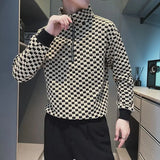 Wiaofellas  -  Fashion Stand Collar Zipper Printed Plaid Sweatshirts Mens Clothing Winter Loose Casual Tops All-match Warm Sweatshirts