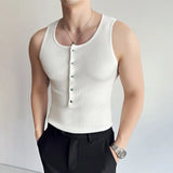 WIAOFELLAS  -  Summer Button Sleeveless T-shirts for Men Fitness Gym Slim Fit Mens Tank Tops Sweatshirt Jogging Tracksuit Elastic Tee Tops Man