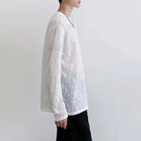 Wiaofellas  -  Mens Sexy See-Through Lace Floral Long-Sleeved Top  New Genderless Fashion Temperament French Retro Inner T-Shirt Unisex