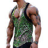 Wiaofellas  -  Sexy Deep Round Neck Tank Tops Men Vintage Leopard Printing Sleeveless Straps Vest For Mens Summer Sports Fitness Slim Camisoles