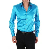 WIAOFELLAS  -  Mens Solid Silk Casual Shirts Long Sleeve Rayon Wedding Dress Shirts Men Soft Comfortable Fashion Shine Silk Shirt Camisa TS-143