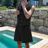 WIAOFELLAS  -  Summer Fashion Loose Men Suits Sleeveless V-neck Shirt And High Waist Wide Leg Shorts Two Piece Set Casual Vest Outfits Tank Top