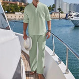 Wiaofellas  -  Men's Cotton and Linen Shirt Long Pants Two-piece Set Fashionable Henry Collar Long Sleeved Shirt Casual Vacation Beach Pants