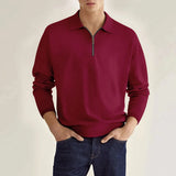 Wiaofellas  -  Men's Light Blue Quarter Zip Polo Neck Top Long Sleeve Casual Solid Color Slim Fit Pullover For Spring Autumn