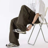 WIAOFELLAS  -  Simple Men's Cargo Pants Zipper Patchwork Elastic Waist Wide Leg Bottom Straight Drawstring Loose Male Trousers 24K4252
