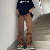 WIAOFELLAS  -  Spring American Cargo Pants Men Vintage Loose Skinny Straight Brown Jeans High Street Hems Zippered Denim Trousers